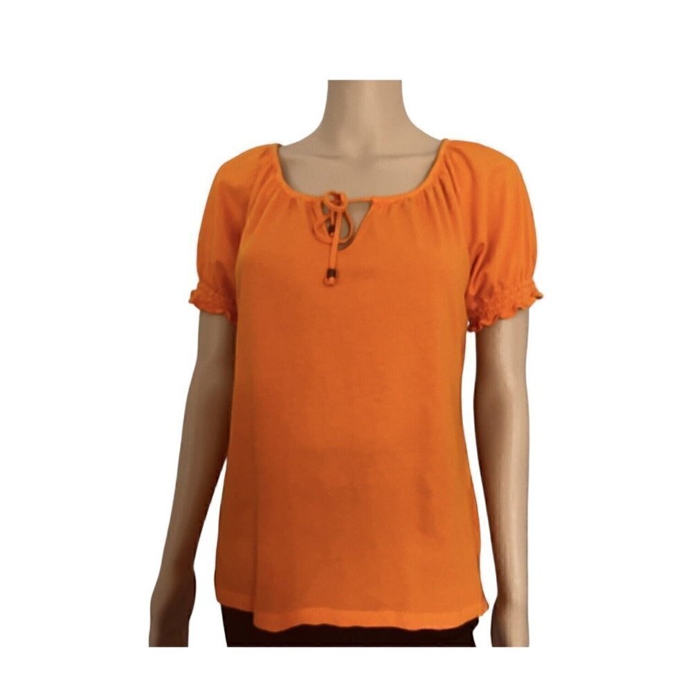 Lauren Ralph Lauren orange tie split neck ruched cotton short sleeves Women PL - Picture 3 of 12
